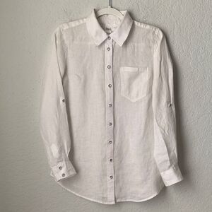 INC Beach White Casual Linen Glass Button-Down Long RollTab Sleeve Shirt Size 4
